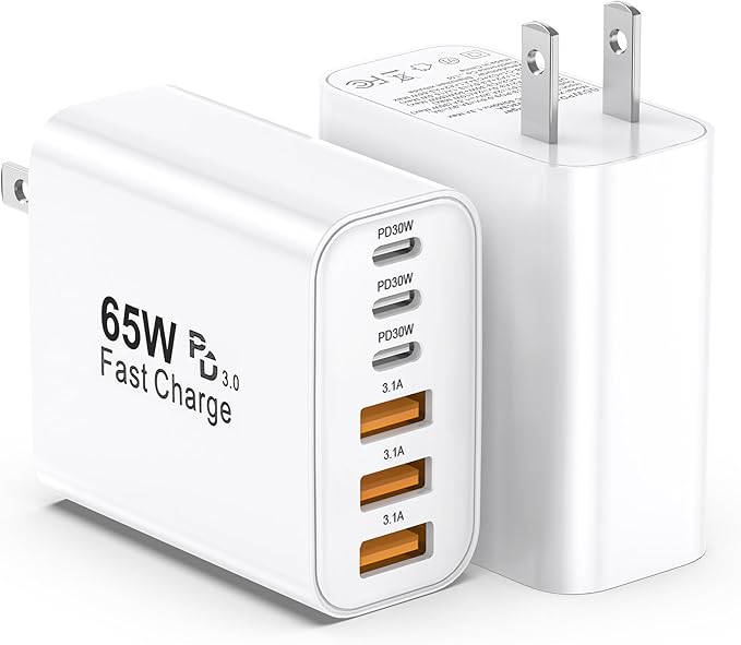 USB C Charger Block,2 Pack 65W 6 Port USB C Wall Charger,6 in 1 iPhone Charger Fast Charging PD+QC Power Adapter Multiport Type C Brick Chargers for iPhone 17/16/15/14/13/12/Pro Max/XS/Samsung