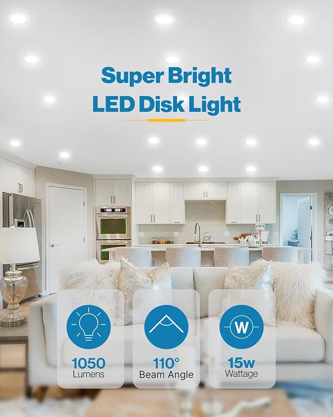 Sunco 48 Pack LED Disc Lights Ceiling 6 Inch, Flush Mount Disk Light, Recessed Can Lighting, 1050 LM, 15W (75W Equivalent), 4000K Cool White, Dimmable, Damp Rated ETL.