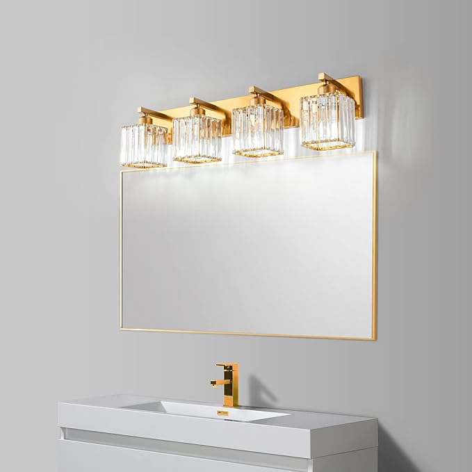 FDPBY Modern Vanity Light 4-Lights Modern Gold Brushed Brass Finish Crystal Wall Light Bathroom Vanity Light Fixtures