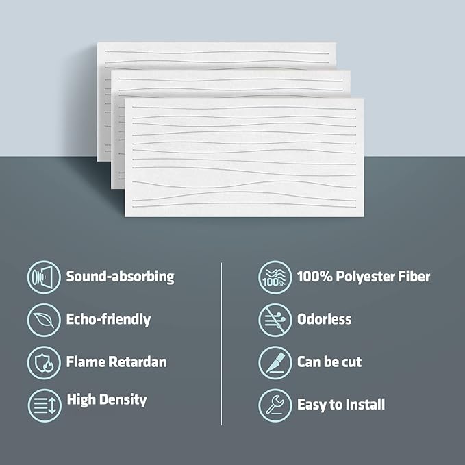 UMIACOUSTICS 6 PCS Acoustic Wall Panels,47.2 x 23.6 Inches Flame Retardant Sound Absorbing Panels,Decorative Sound Proof Panels in Art Curve Shaped White Color
