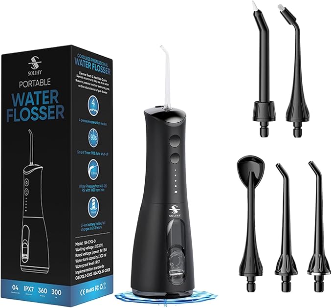 SOLIHY Cordless Water Flosser, Water Dental Flosser, Rechargeable Irrigation Cleaner,4 Modes Portable Water Flosser with 5 Nozzles, Water Flossers for Teeth, Dental Tools (Black)