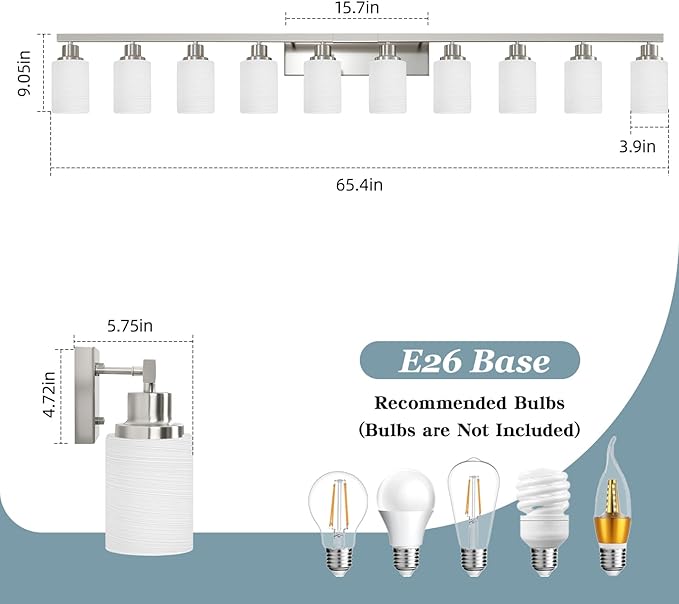 DIKAIDA 10-Light Bathroom Vanity Light Brushed Nickel,64.5in Vanity Lights with White Frosted Glass,Modern Bathroom Wall Lights Fixtures Over Mirror,Wall Sconces Lighting for Bedroom Living Room,E26