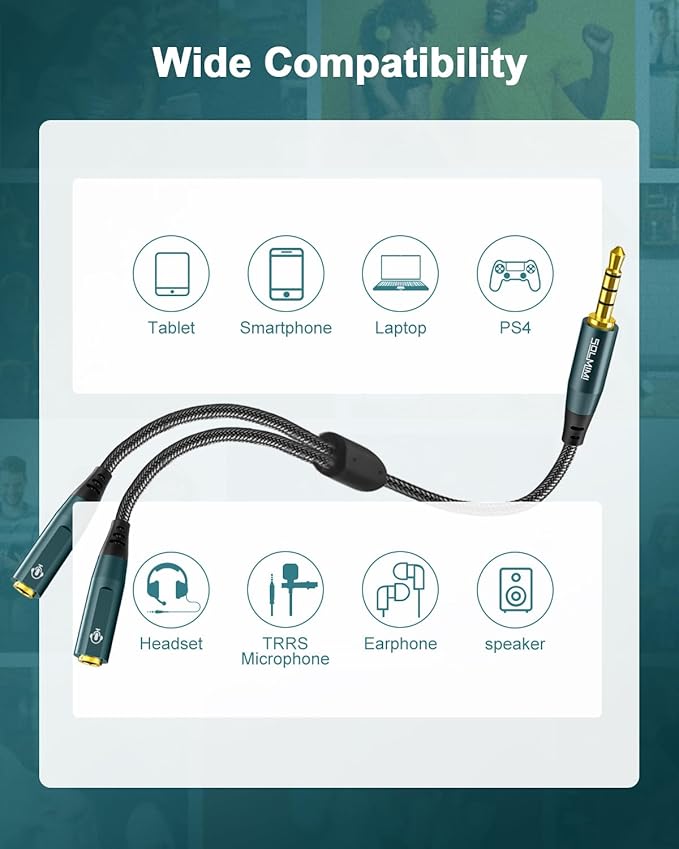 SOLMIMI Headphone Splitter for 2 Headphones, TRRS 3.5mm Male to 2 Female Audio Jack Splitter Adapter Compatible with Two Headsets or Microphones to PC, Laptop, Smartphones, PS4, PS5, Xbox - 1 FT