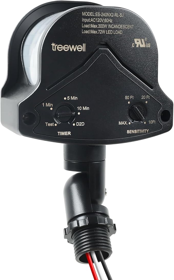 TREEWELL 240-Degree Replacement Motion Detector, Adjustable Time & Detection Sensitivity Up to 60 Feet Range, 3 Working Modes Pir Motion Sensor for Security Floodlight, Black, UL Listed