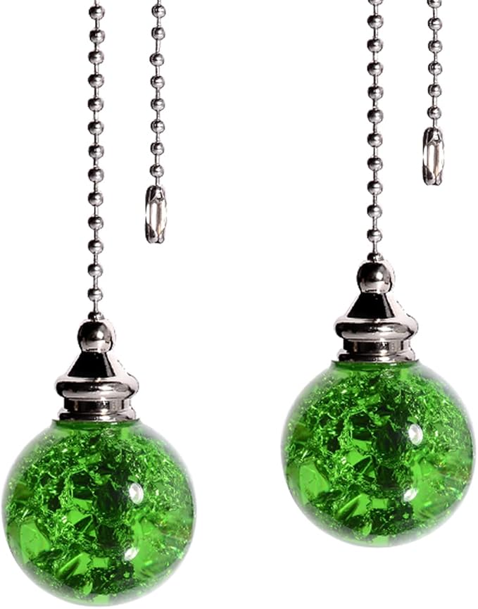 2PCS Green Pull Chain Crystal Glass Ice Cracked Ball Pull Chain for Ceiling Fan Light Decoration 50cm Extension Chain