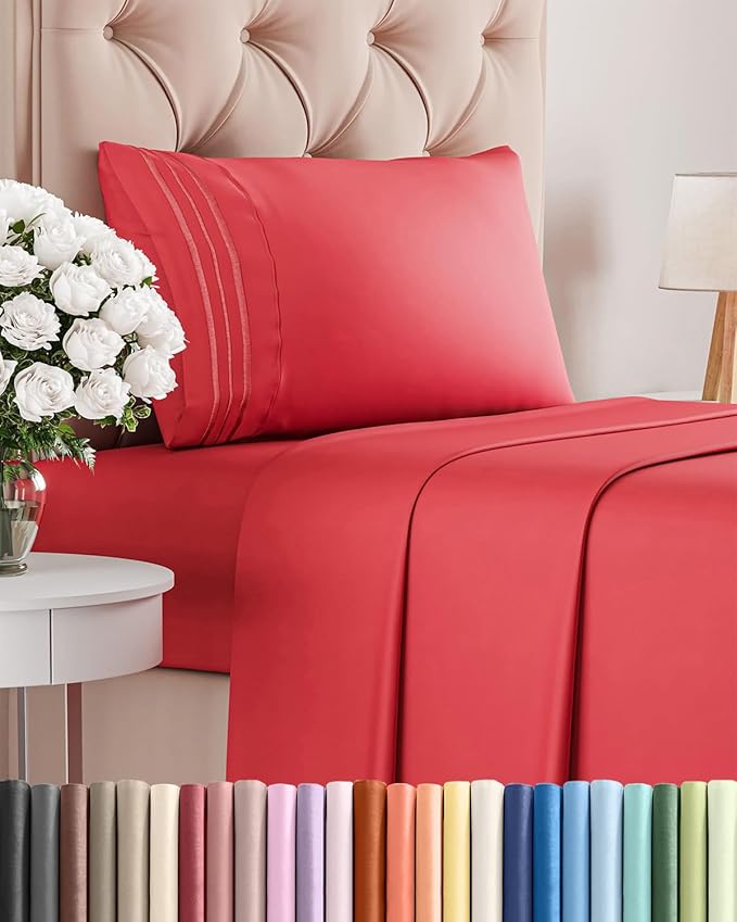 Twin XL Size 3 Piece Sheet Set - Comfy Breathable & Cooling Bed Sheets Set - Hotel Luxury Bedding for Women, Men, Kids, Teens, Boys & Girls - Deep Pockets, Ultra-Soft, Wrinkle Free - Oeko-Tex - Red