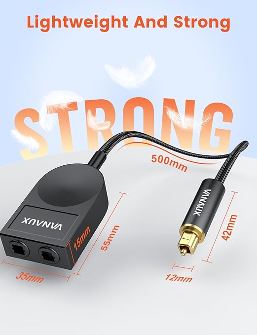 VANAUX Optical Audio Splitter 1 in 2 Out,SPDIF Toslink Digital Optical Audio Cable Splitter 1x2 Support LPCM2.0 Doldy Digital & DTS 5.1 for Home Theater,Sound Bar,Gaming Console,Blu-ray Players,Black