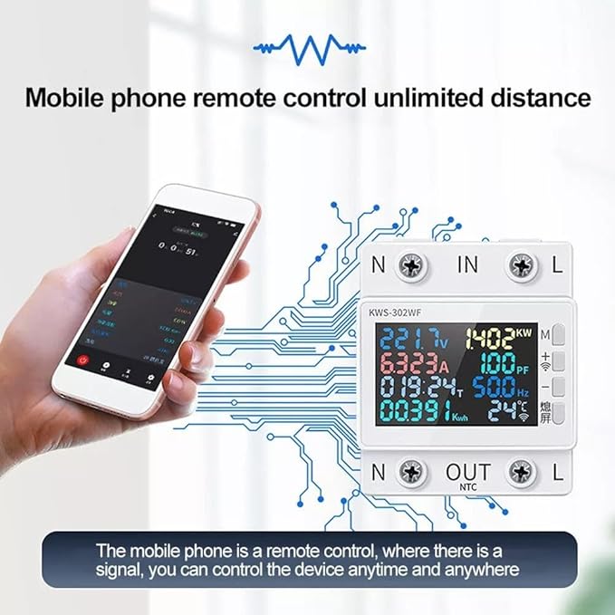 LCD Digital Energy Meter, Single Phase Energy Meter, Din Rail Electricity Usage Monitor, Power Usage Monitor AC170V~270V Power Voltage Meter(KWS-302L)