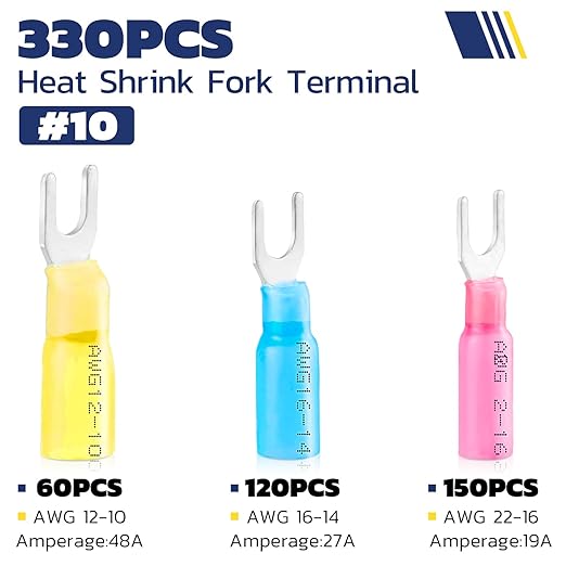 haisstronica 200PCS Heat Shrink Fork Spade Connectors #10 Waterproof Marine Grade Fork Terminal Connectors U-Type Blue 16-14 Gauge