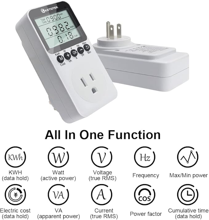 KETOTEK Watt Meter Power Meter Plug Electricity Usage Monitor for Home, Energy Monitor with LCD Display, Kilowatt Meter Socket Outlet, Voltage Amps Power Consumption Meter, Overload Protection