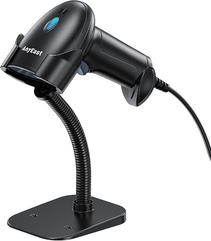 Anyeast 2D 1D Barcode Scanner : USB Wired Inventory QR Scanner with Stand for Computer POS MAC with Automatic Scanning, Handheld CMOS Image Bar Code Reader for Warehouse Library Supermarket