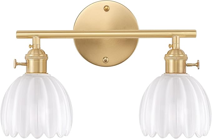 Shenmoyl Bathroom Light Fixtures, 2-Light Brass Vanity Wall Light Over Mirror with White Tulip Glass Shade for Bedroom Living Room (Bulb Not Included)