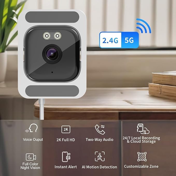 FEICAMYZX Indoor Security Camera, 3MP 2K Window Camera, 2.4GHz/5GHz WiFi, Starlight Night Vision, 24/7 Recording, 8ft Cable