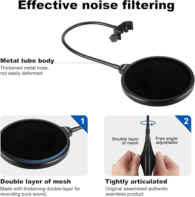 Aokeo Professional Microphone Pop Filter Mask Shield For Blue Yeti and Any Other Microphone,Mic Dual Layered Wind Pop Screen With Flexible 360° Gooseneck Clip Stabilizing Arm