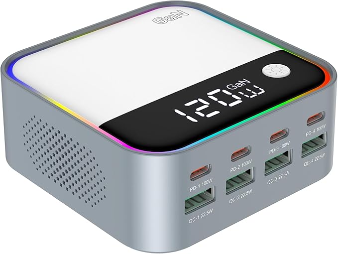 8-Port USB C Charging Station 120W, GaN Fast Charger Block with RGB Ambient Light, Simultaneously Charge Laptop, Phone, Tablet, Headphones for Desk, Gaming, Multiple Device