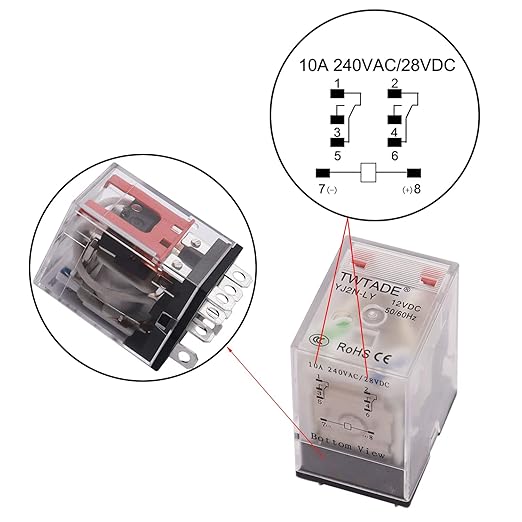 TWTADE/2PCS DC 24V Relay 10A Electromagnetic Power Coil Relay 8 Pins DPDT 2NO 2NC with Indicator Light, Socket Base & DIN Rail -YJ2N-LY