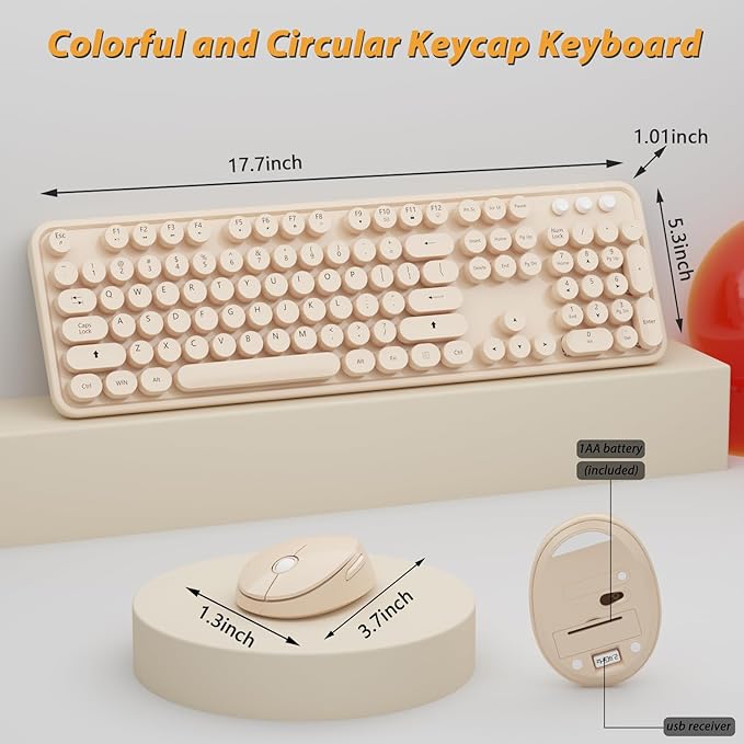 Wireless Keyboard,KOOTOP Cute Colorful 104 Keys Typewriter Retro Round Keycaps Keyboard for PC Laptop,Desktop,Windows, Home and Office Keyboards, s500 coffee