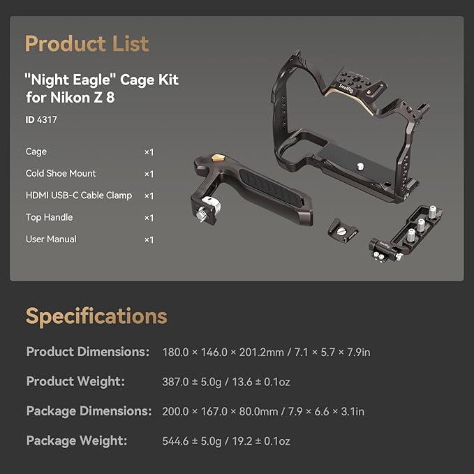 SmallRig Night Eagle Z8 Camera Cage Kit for Nikon Z 8, Aluminum Alloy Full Camera Cage, with Quick Release Plate for Arca-Swiss and Cold Shoe Mount for Microphone and Light - 4317