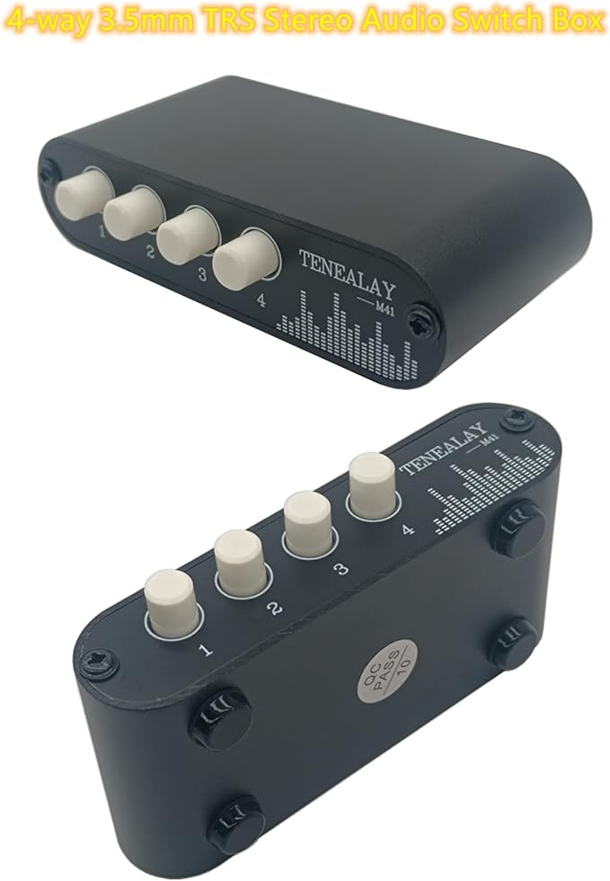 TENEALAY 4 in 1 Out / 1 in 4 Out AUX 3.5mm Stereo Audio Input Signal Source Switcher, 4-Way Switch Selector Splitter Box M41
