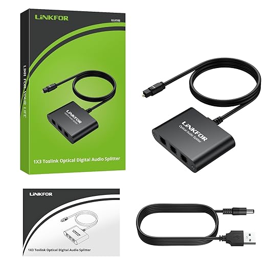 LiNKFOR Optical Cable Splitter 1x3 SPDIF Toslink with 1PCS Optical Audio Cable Aluminum Shell Toslink Splitter 1 in 3 Out Support LPCM 2.0 DTS Dolby-AC3 Compatible with PS3 DVD HDTV STB Etc