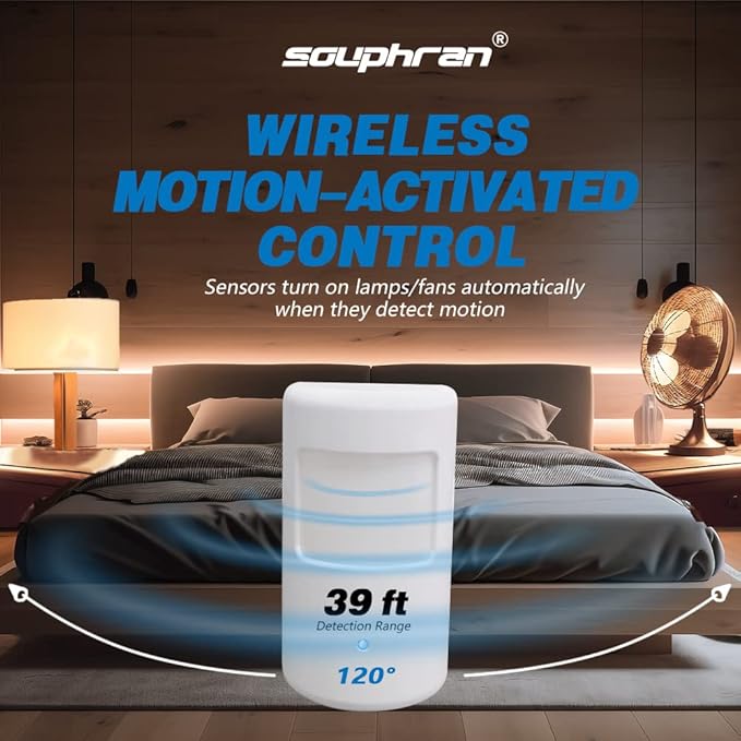 Souphran Plug-in Wireless Motion Activated Light Control, No Wiring, Adjustable Detection Range, Always-on Timer and Light Sensor, Motion Detector and Plug Set, 2 Pack