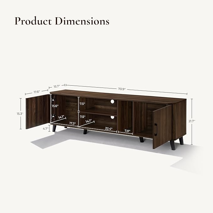 LuxenHome 70 Inch TV Stand, Mid Century Modern TV Stands for Living Room for TV Up to 75", Walnut Media Console Entertainment Center with Storage, Brown TV Consoles for Living Room with Curved Edge