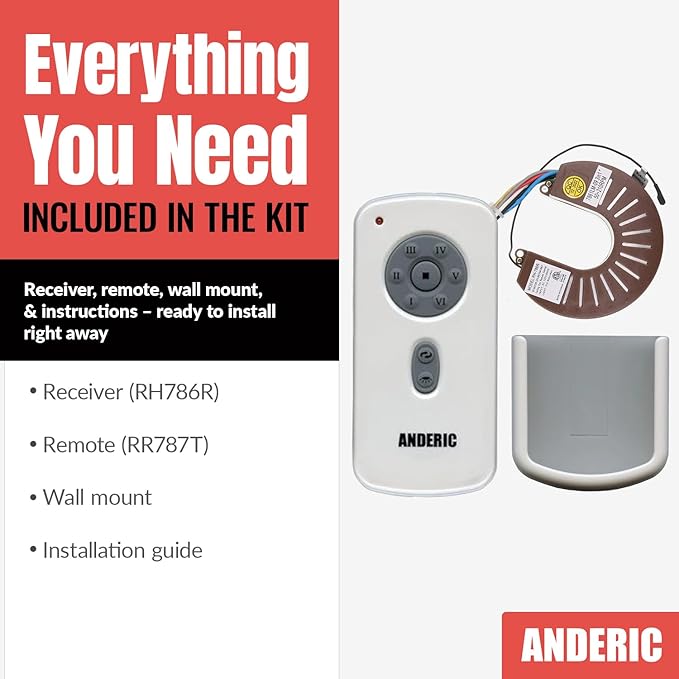 Anderic RH786R/RR787T-KIT 6-Speed DC Ceiling Fan Remote Control Kit Replacement for Casablanca Fanimation Slinger Holliston Panama Stealth Fellini – Light Dimmer, Reverse Function - CHQRH787T RH786R