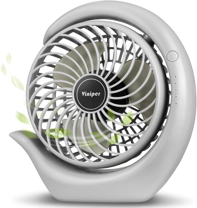 Viniper Portable Rechargeable Fan, Small Desk Fan : 3 Speeds & about 8-24 Hours Longer Working, 180° Rotation, Portable Fan Small but Mighty, Strong Wind (Grey, Light Black Blade)