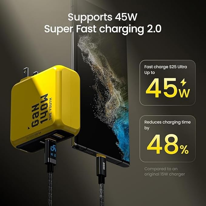 AOHI Youth 140W GaN+ USB C Charger 100W Laptop Fast Charger PD3.1 PPS 3-Port USB C Wall Charger Power Adapter for MacBook Pro 16'', Dell XPS, iPhone 17 Pro Max, iPad Pro, Tablet, Chromebook, Yellow