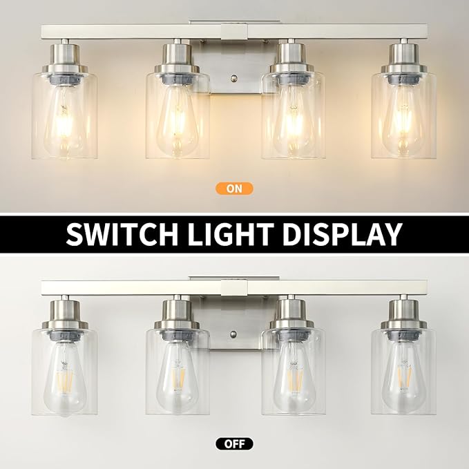 DIKAIDA Bathroom Vanity Light, 4-Light Nickel Modern Matte Wall Sconce Lighting with Clear Glass Shade, Wall Lights,Bath Vintage Wall Mounted Lamps for Mirror Bedroom Living Room