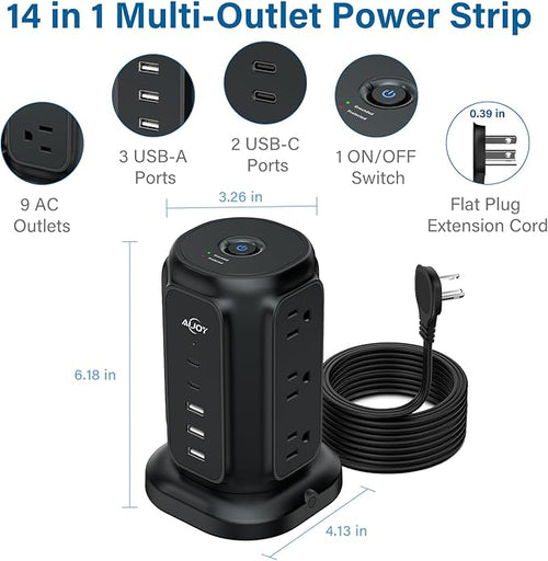 AiJoy Power Strip Tower with 9 AC Outlets and 5 USB Ports (2 USB-C), Flat Plug 1625W 6.5ft Extension Cord, 1200J Surge Protector Charging Station for Home, Office & Dorm