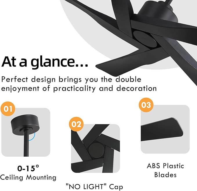 WINGBO 54" ABS DC Ceiling Fan No Light, 5 Blade ABS Plastic Ceiling Fan with Remote, 6-Speed Reversible DC Motor, Ceiling Fans without Light for Kitchen Bedroom Living Room, Matte Black