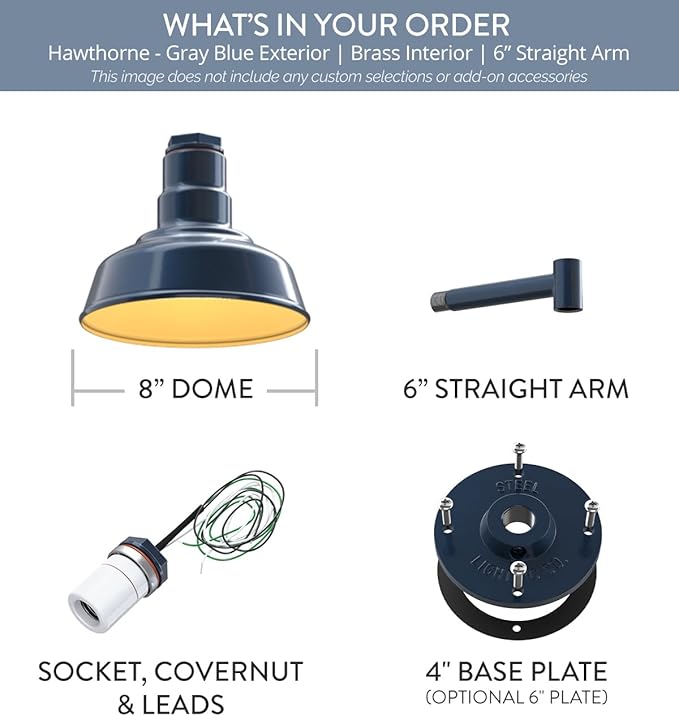 Steel Lighting Co. Hawthorne Barn Light | Outdoor Wall Mounted | 8 inch Dome | 6" Straight Arm | Small Farmhouse Light Made in America | Gray Blue Exterior/Brass Interior