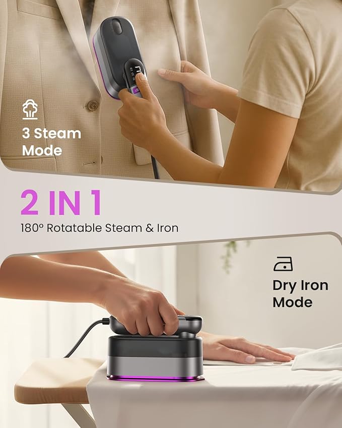 LOXP 2-in-1 Handheld Steamer and Iron for Clothes, 1000W Travel Steamer with Ceramic Soleplate, 9s Fast Heat-Up, Leak-Proof 170mL Tank, Self-Clean, Portable Wrinkle Remover for Home & Travel, 120V