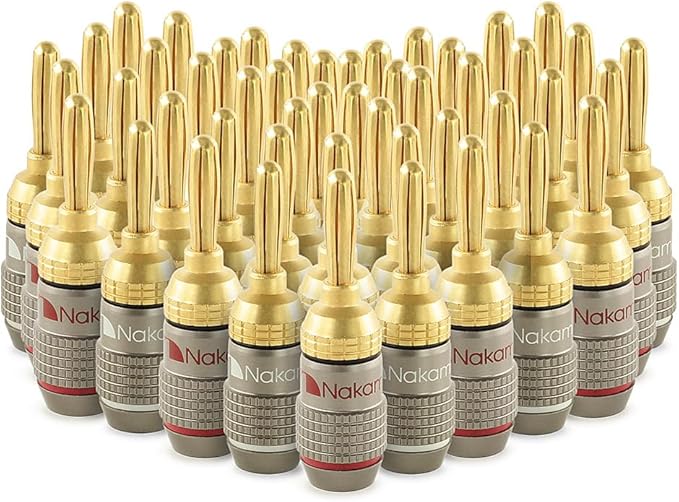 Nakamichi FanLock Excel Series 24k Gold Plated Banana Plugs 10 AWG - 18 AWG Gauge Size 4mm for Speakers Amplifier Hi-Fi Stereo Home Theatre Radio Audio Wire Cable Quick Connector, 48 Pcs (24-Pairs)