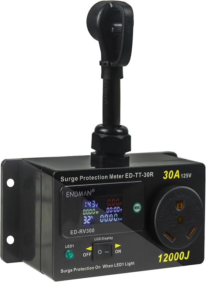 ENDMAN RV 30 Amp Surge Protector with Power Meter (kWh) - 12,000 Joules High Surge Guard - Real-Time Voltage & Amp Monitor for Travel Trailers (NEMA TT-30P)