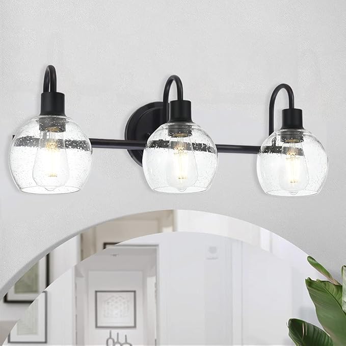 WINSHEN Modern 3-Lights Black Vanity Light Fixtures Farmhouse Metal Bathroom Lighting with Seeded Globe Glass for Hallway Kitchen Over Mirror Bedroom