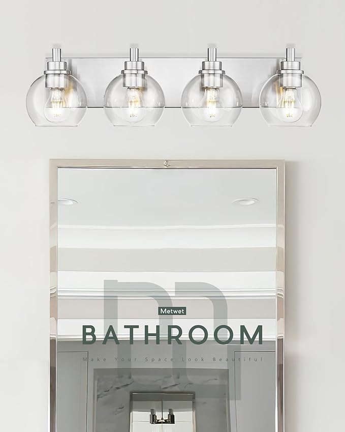 METWET Bathroom Light Fixtures, 4 Light Brushed Nickel Vanity Light, 26 Inch Modern Wall Sconces with Globe Clear Glass Shade, Vanity Lighting Fixtures Over Mirror, VL195-BN-CL-4