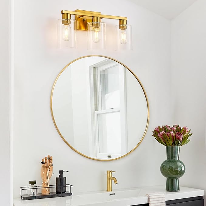 SOPEAS Gold 3-Light Bathroom Vanity Light, Modern Brushed Gold Vanity Lights with Clear Glass Shades, Bathroom Wall Sconce Lamp for Mirror Living Room Bedroom Hallway