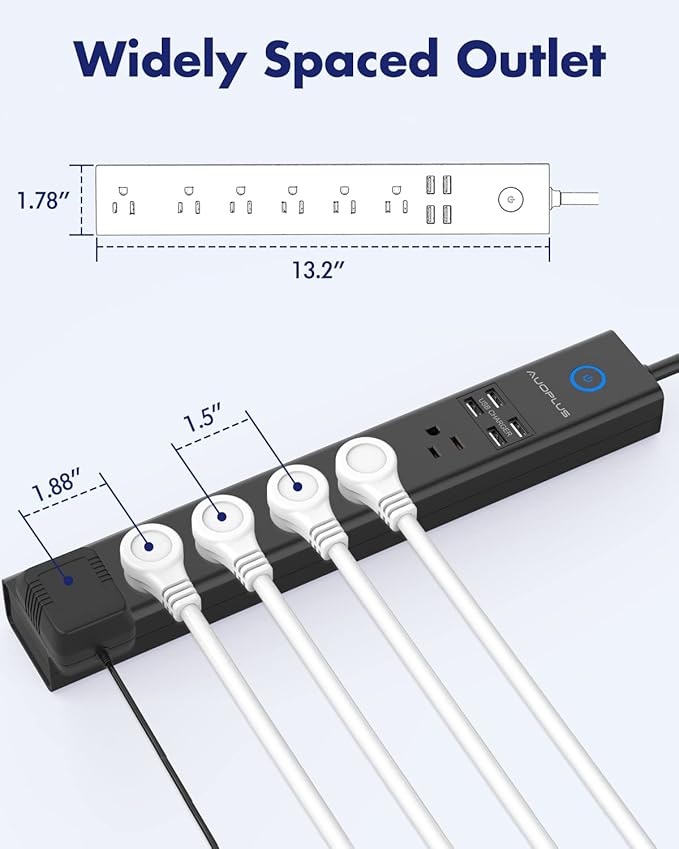 2 Pack Power Strip Surge Protector - AUOPLUS 6 Outlets 4 USB Ports 6Ft Long Extension Cords, Flat Plug Overload Protection, 2100 Joules, Wall Mount for Home, Office and Dorm Essential, ETL Listed