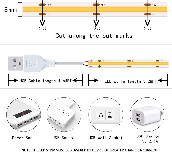 UVTaoYuan LED Strip Lights Set of 2 Pack 3.28FT COB Light Strips USB 5V 6500K Bright White High Density Not Dimmable Short LED Strip for Bedroom Indoor Home Decor Flexible Display Cabinet TV Lighting