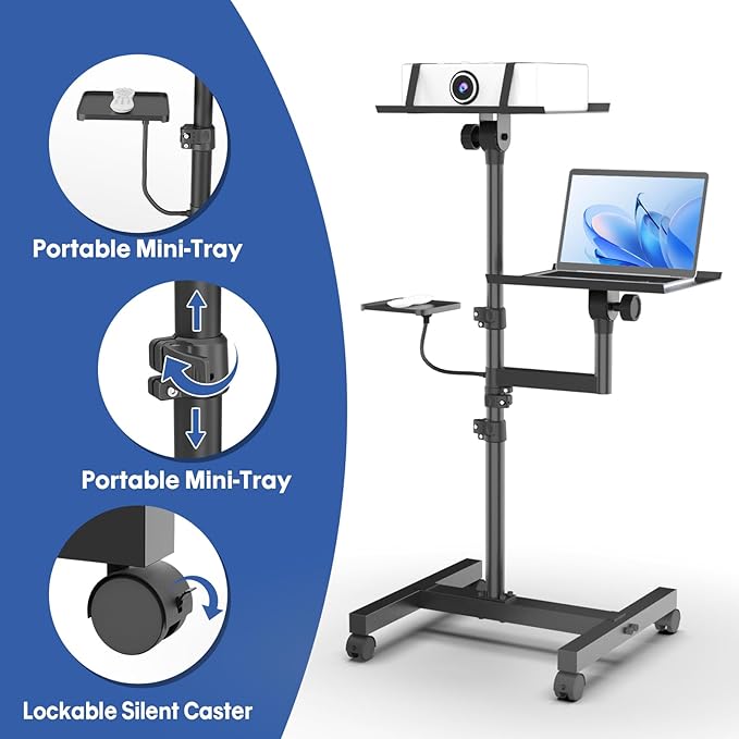 GSOW 2 Shelves Mobile Projector Stand, Rolling Laptop Stand Adjustable Height to 47 Inches, Podium Stands with Ventilated Tray, Heavy Duty, Laptop Floor Stand for Office, Home, Stage, DJ