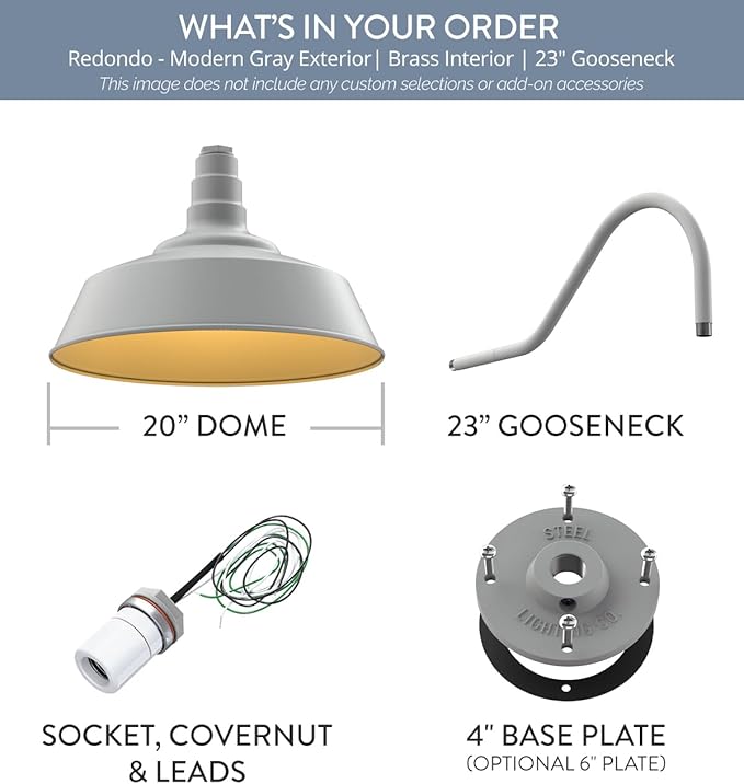 Steel Lighting Co. Large Outdoor Barn Light | Gooseneck Light Fixture | Made in America from 18-Gauge Steel | 20" Dome | 23" Gooseneck Modern Gray Exterior/Brass Interior
