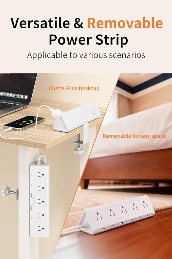 10 FT Desk Clamp Power Strip with 5 AC Outlets & 6 USB Ports PD 40W USB-C Fast Charging, 1250J Surge Protector, Fits 2.1 in top Edge White