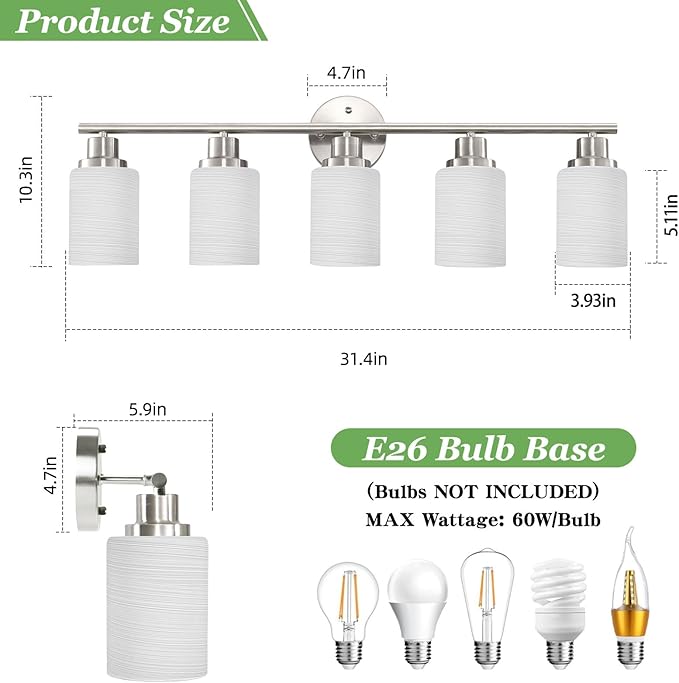 Guliaofo 5-Light Brushed Nickel Vanity Lights, Bathroom Light Fixtures with Textured Milky White Glass Shade, Modern Bathroom Lighting Fixtures Over Mirror Wall Sconce Light - E26 Base