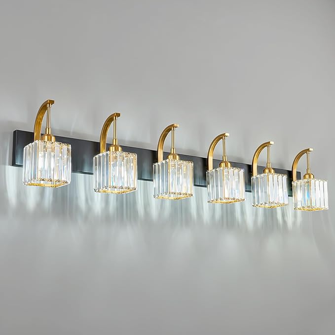 FDPBY Crystal Vanity Lights 6-Light Black Gold Bathroom Vanity Lights Modern Crystal Bathroom Light Fixtures Over Mirror 51.18" Long Vanity Light for Bathroom