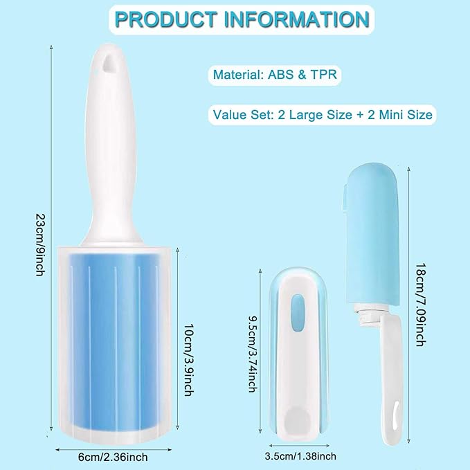 Reusable Washable Lint Roller 4 Pack, Sticky Gel Lint Rollers, Cat Dog Pet Hair Lint Remver Cleaner for Clothes, Carpet, Travel, 2 Large Roller with Dust Cover and 2 Mini, Portable Small Lint Brush