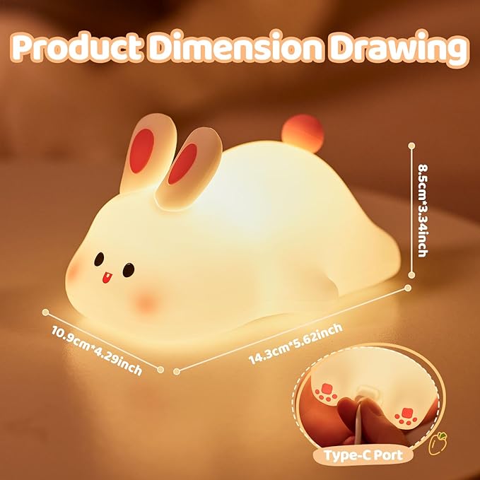Rytinazzz Big Face Rabbit Night Light, 3-Level Pat Control & Cute Squishy Lamp for Kids Room, USB Rechargeable with Timer, Valentines Gifts