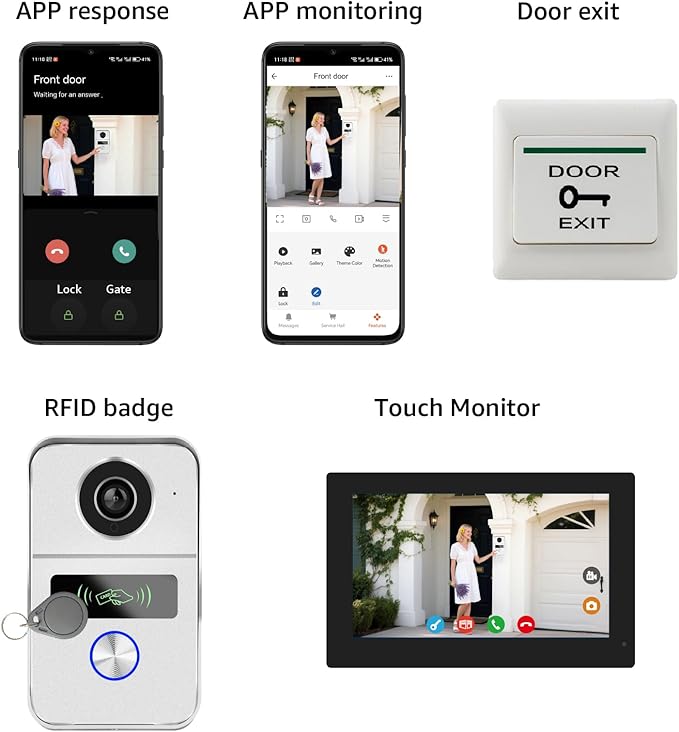 Wired Video Doorbell Apartment Intercom System, 1080P Doorbell Camera, 7-inch Touch Screen, Night Vision, Remote Unlock, Two-Way Intercom for Villa, Home, Office, with 1 Camera and 2 Monitors