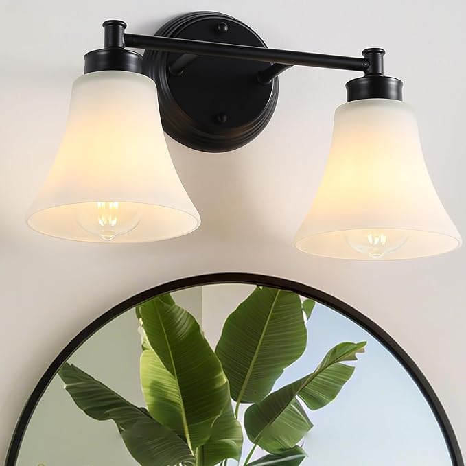 LOUSACE 2 Light Bathroom Vanity Light Matte Black Bathroom Lighting Fixtures Over Mirror with Opal White Frosted Glass, Vintage Traditional Wall Lighting Fixture Vanity Lights